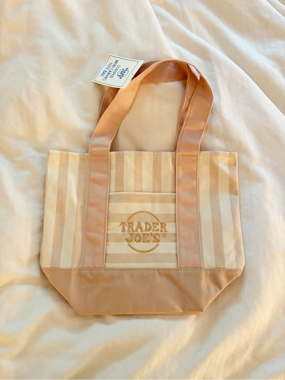 NWT Trader Joe's Beige Stripe Canvas Mini Tote Bag in Taupe Color